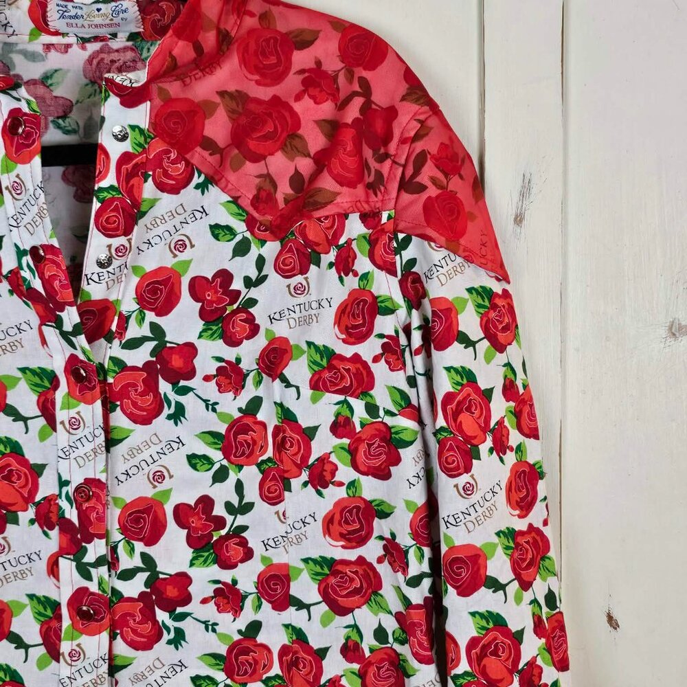 Kentucky Derby Rose Print Western Shirt Ella Johnsen Sheer Yoke Blouse Race Day - Picture 3 of 11